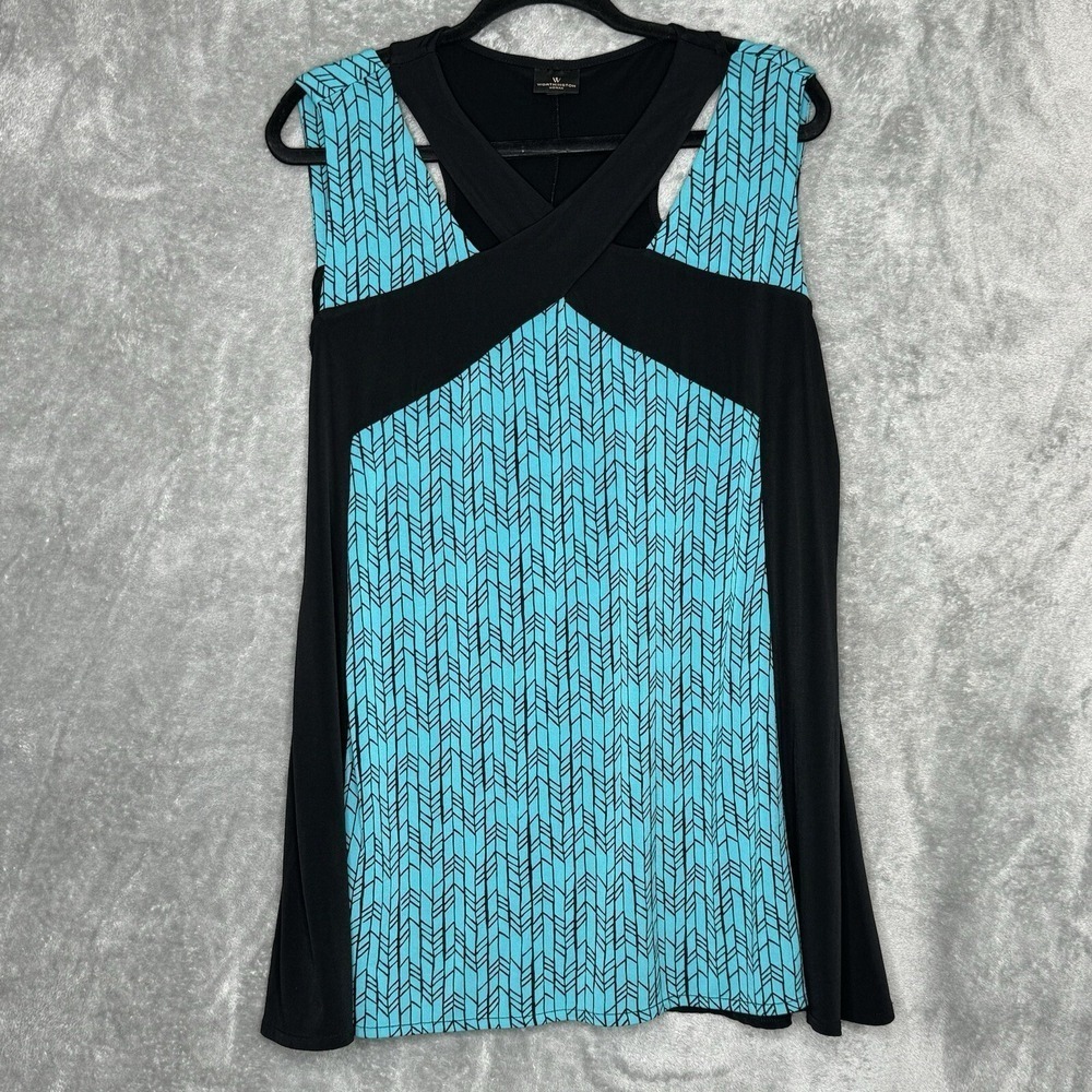 Worthington XL Top Shirt‎ Blue Black Geometric Sleeveless Split V Neck Stretch